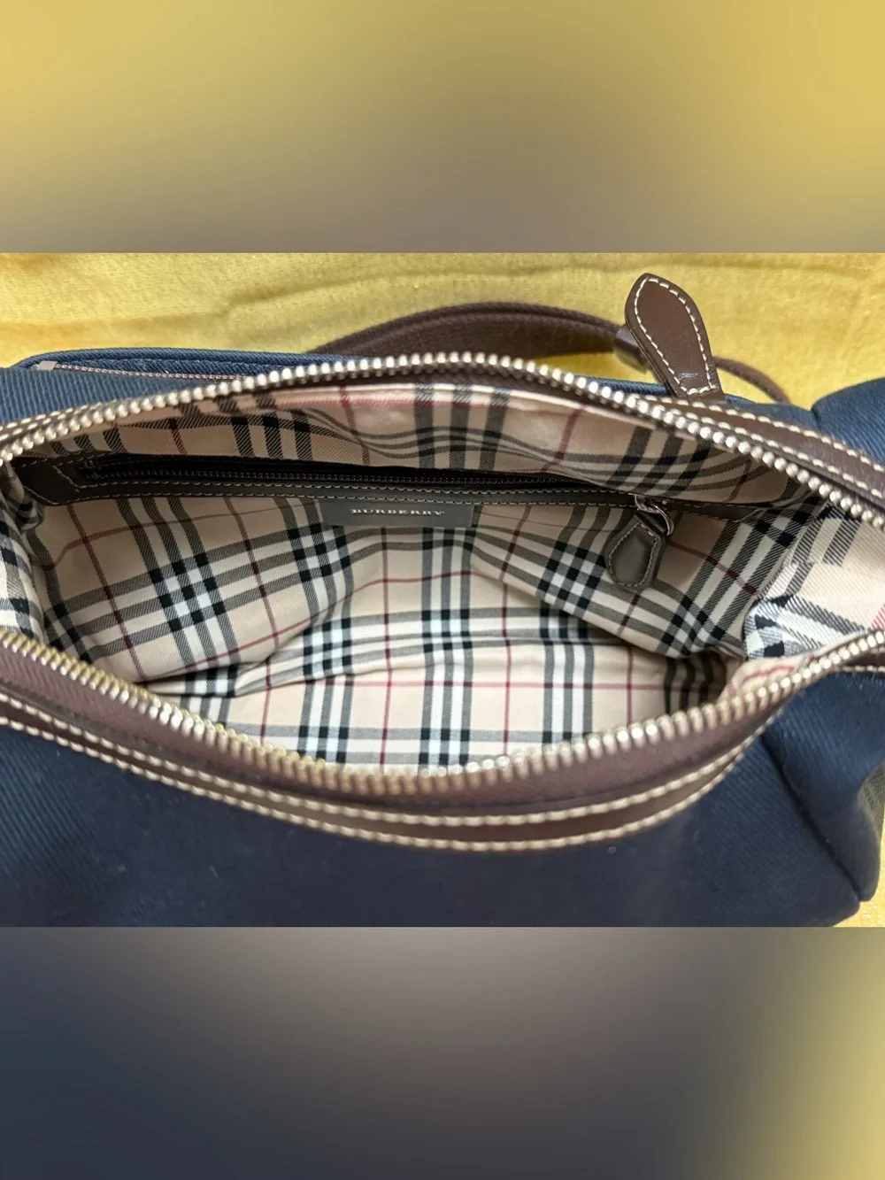 Burberry Navy Canvas Hobo Bag with Brown Accents